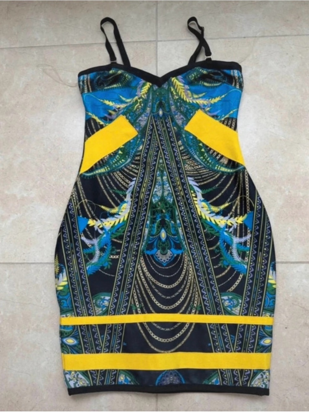 Blue & Yellow Patterned Strap Dress